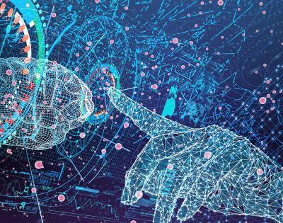 Photo illustration representing advanced medical technologies with a digitized brain and hand