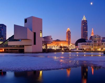 Photo of Downtown Cleveland with the icy lake in the foreground