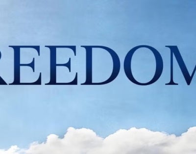 The word "FREEDOM" is written in bold against an image of a blue sky, with clouds and a ladder to an inset frame on the right.