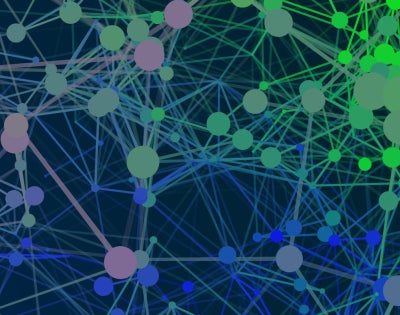 Dots connected with colorful lines on a dark blue background