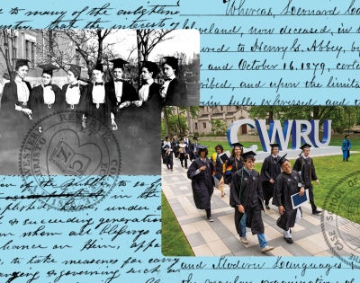 To the left, an old photo of graduates in black and white, overlaying cursive text. To the right, a photo of modern graduates walking past a CWRU sign, celebrating diversity in education.