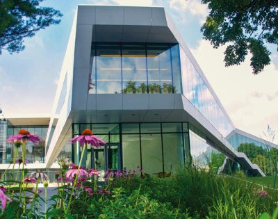 Modern glass building with sleek architecture, surrounded by vibrant pink flowers and lush greenery under a bright blue sky with clouds.