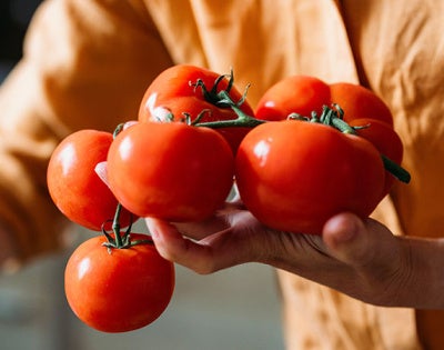 Close up photo of a person holding tomatoes while they work in the kitchen