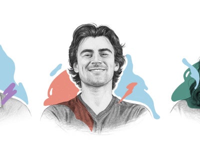 Illustrated portraits of three smiling individuals. Each has colorful abstract splashes in the background—purple, red, and green