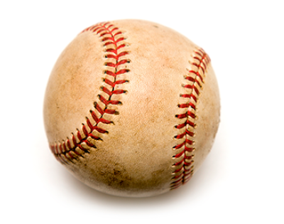 A worn, vintage-style baseball with a cream-colored leather surface showing signs of scuffing and dirt.