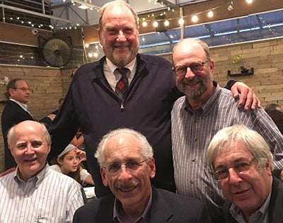 Photo from the 50th reunion dinner. Top row (l-r): Doug Smock (ADL ’70) and Paul Kerson (ADL ’72; GRS ’72, political science). Bottom row (l-r): Blake Lange (CIT ’72), Wayne Gottlieb (CIT ’71) and Jon Poole (ADL ’70; GRS ’72, education; MGT ’73).