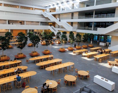 Photo overlooking the atrium in Samson Pavilion showing the sunlight-drenched area