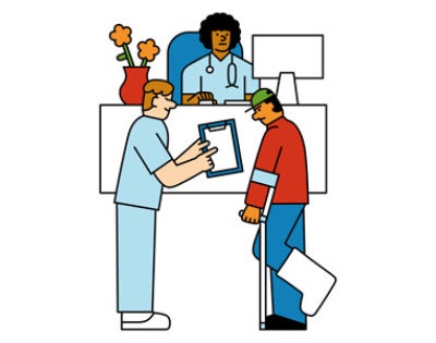 Pixelized illustration of a healthcare worker assisting an injured person on crutches while a receptionist observes. A vase with flowers sits on the counter, creating a calming atmosphere. 