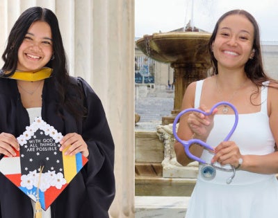 Photo compilation of two images, one of Elena Cangahuala holding a decorated graduation cap with while wearing her graduation gown, and Madison Martinez posing for a photo with a stethoscope made to look like a heart shape