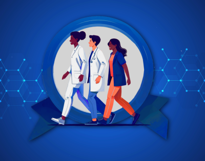 Research people walking across a blue ribbon
