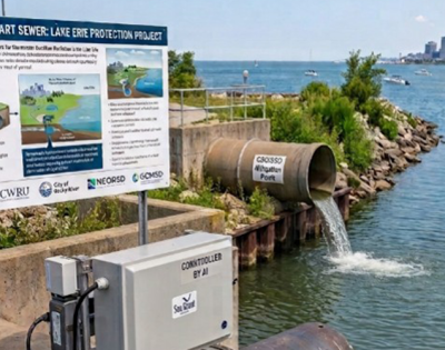 A stormwater outfall pipe discharges water into Lake Erie beside a sign describing an AI-powered smart sewer project to protect water quality.