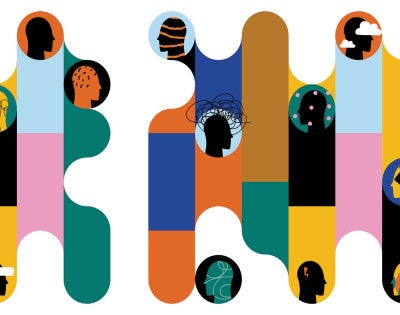 Photo illustration showing strips of colors in abstract orientations with illustrations of the mind throughout, each using lines or other images demonstrating distress