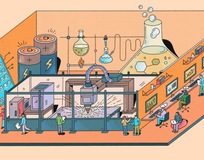 An illustration of a space in the Interdisciplinary Science and Engineering building shows researchers, glassware, oversized batteries, tanks, and machinery across orange workstations.