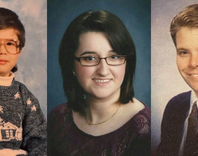 Three side-by-side-by-side school photos of Andrew Mancuso in elementary school, Phaedra Norrell in high school and Brock Schroeder in high school