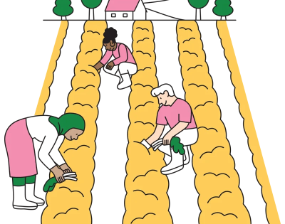 Illustration of three farmworkers bending to harvest crops in golden fields at night, with a farmhouse and trees in the background; calm, hardworking mood.