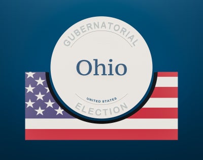 Image of a Ohio gubernatorial election banner with American flag in the background
