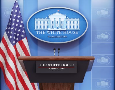 Image of the podium in the White house Press conference room 