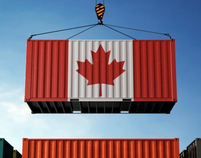 Image of a shipment container painted in Canadian flag