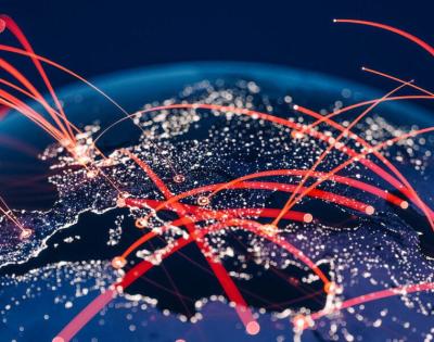 Blue Globe viewing from space at night with connections between cities.