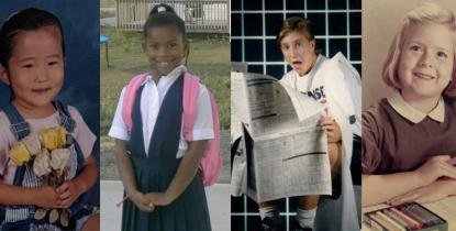 Photo compilation of childhood school images of Cynthia Kim, Dominique McIntyre, Jay Klein and Valerie Toly
