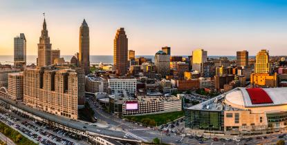 Panoramic photo of Cleveland as the sun sets