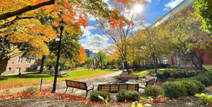 Photo taken outside of Thwing Center of benches on a sunny fall day