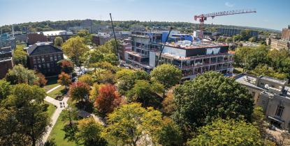 CWRU quad drone photo showing progress on the ISEB building