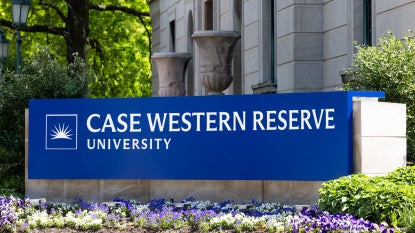 Bright blue sign reading "Case Western Reserve University"