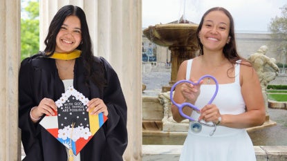 Photo compilation of two images, one of Elena Cangahuala holding a decorated graduation cap with while wearing her graduation gown, and Madison Martinez posing for a photo with a stethoscope made to look like a heart shape