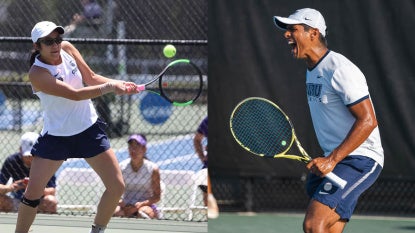Photo compilation of images of Hannah Kassaie competing in tennis and Ansh Shah celebrating in excitement with a racket in hand