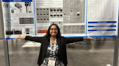 Alicia Mathew presents her research, titled "Biofilm around a single rising oil droplet in natural seawater samples under various conditions using ecology-on-a-chip microfluidics