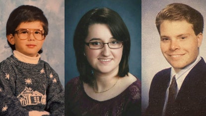 Three side-by-side-by-side school photos of Andrew Mancuso in elementary school, Phaedra Norrell in high school and Brock Schroeder in high school