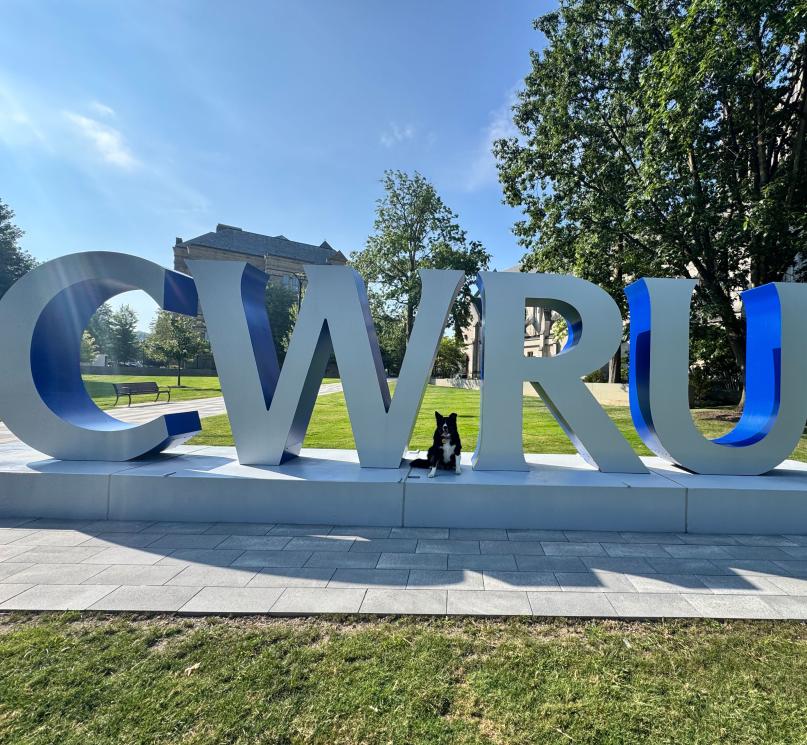 A black, white and brown dog poses in front of a large gray and blue sign near the university’s Binary Walkway that spells, “CWRU.”