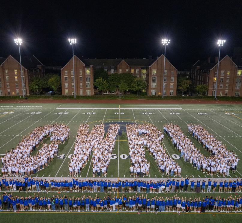 It’s a tradition! Members of the university’s Class of 2029 gathered on DiSanto Field to form this iconic C-W-R-U pose.