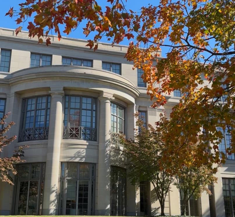 A still from a video featuring Kelvin Smith Library and colorful foliage
