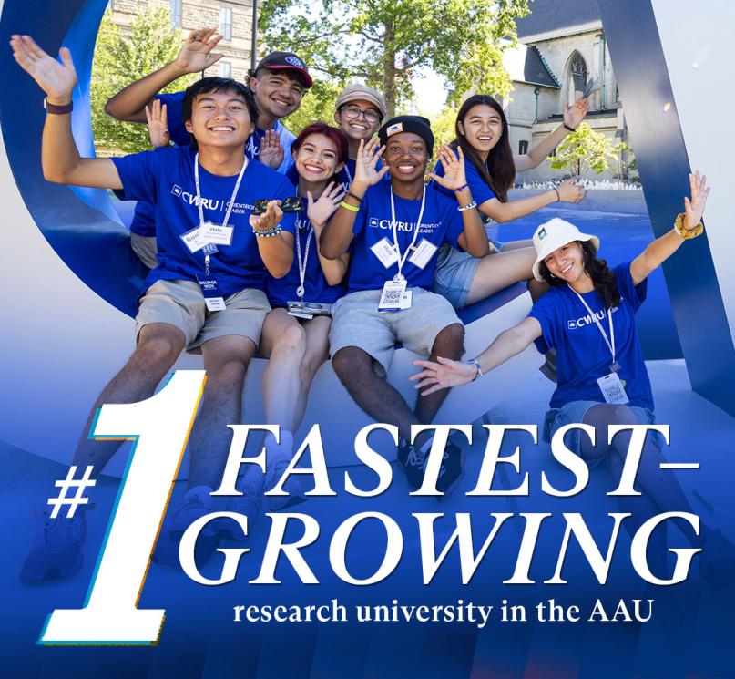 A group of students posing in a large letter "C" on campus, with a text overlay that reads, "#1 fastest growing research university in the AAU"