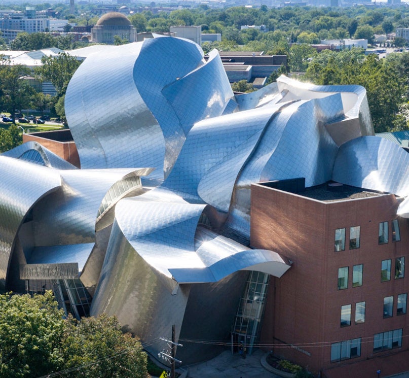An aerial shot of CWRU’s Peter B. Lewis Building.