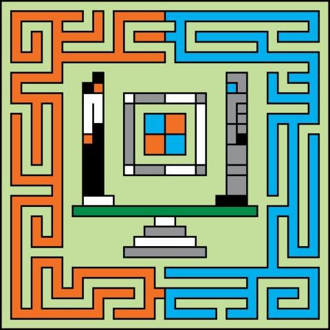 An illustration that has geometric shapes in orange and blue and a geometric likeness of 2 people in the middle on a scale.