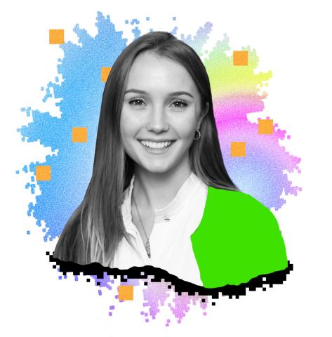 A photographic portrait of Vanessa Pilátová with an illustrated splash of color behind her.