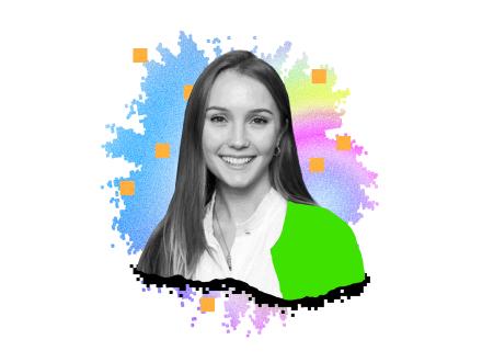 A photographic portrait of Vanessa Pilátová with an illustrated splash of color behind her.