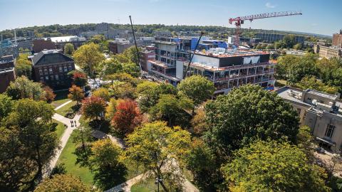 CWRU quad drone photo showing progress on the ISEB building
