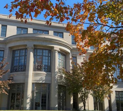 A still from a video featuring Kelvin Smith Library and colorful foliage