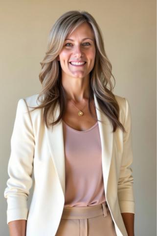 Megan Holmes poses in a pink shirt and white jacket