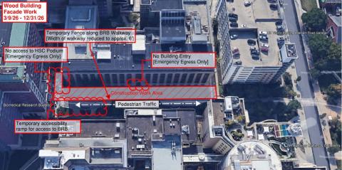 Photo of the north elevation of the Wood Building showing areas affected by construction. 