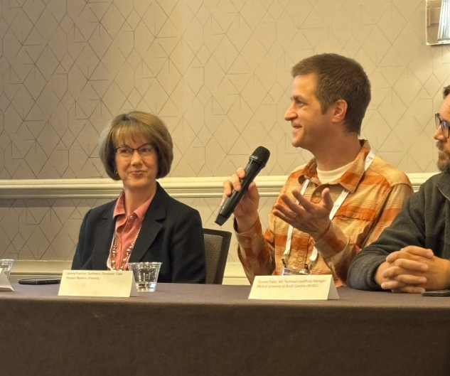 Clara Pelfrey and Jeremy Fondran leading a panel discussion