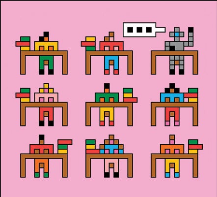 Pixel art of nine figures at desks against a pink background. The upper-right figure, having a robot-like look, raises a hand with a speech bubble above, symbolizing communication.
