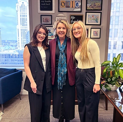 A photo taken earlier this year in Ohio Representative Allison Russo’s office in Columbus, showing Sabrina Soto (left), Representative Allison Russo (center), and Paisley Tuel (right) standing together and smiling.