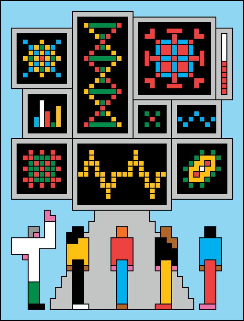 A geometric illustration of five geometric shaped people in bright colors looking up at squares and rectangles that evoke medical scans with geometric shapes inside.