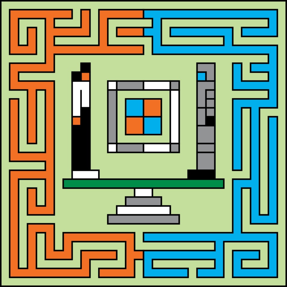 An illustration that has geometric shapes in orange and blue and a geometric likeness of 2 people in the  middle on a scale.