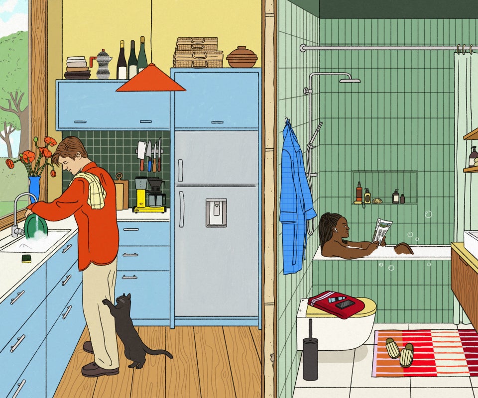 A colorful illustration showing split screen images. On the left, a person washing dishes in a kitchen and on the right, a person taking a bath and reading the paper. Various areas are highlighted with numbers corresponding to references in the story.